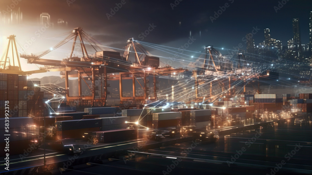 A global logistics centre for containerised cargo ships, with innovative networked warehouse management systems and a comprehensive logistics network. AI generated illustration.