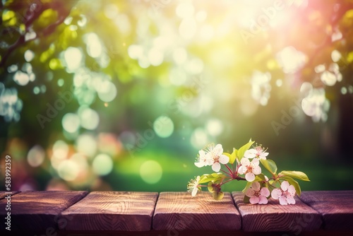Spring Time - Blossoms On Wooden Table In Green Garden With Defocused Bokeh Lights And Flare Effect. Generative AI