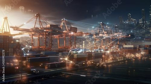 A global logistics centre for containerised cargo ships, with innovative networked warehouse management systems and a comprehensive logistics network. AI generated illustration.