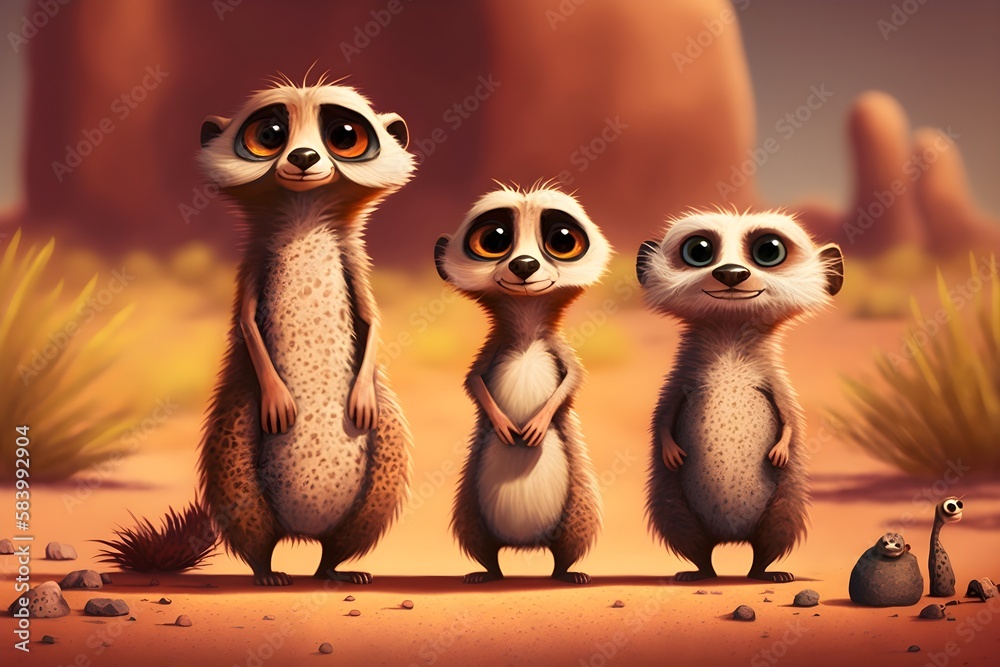 Wallpaper Illustration and background of a cute meerkat family. Front view. Concept of cute animal family, wallpaper. Generative AI.