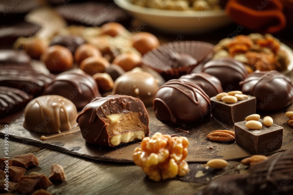 Decadent delights: Indulging in the rich flavors of pralines and truffles infused with nuts and chocolate, generative ai Decadent delights: Indulging in the rich flavors of pralines and truffles infused with nuts and chocolate, generative ai
