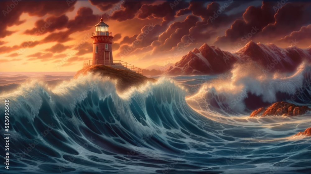 Lighthouse on rocks during hurricane storm, turbulent ocean surf, high waves crashing, dramatic clouds, stormy seas, sunset seascape - generative AI