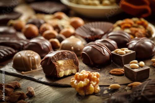 Decadent delights: Indulging in the rich flavors of pralines and truffles infused with nuts and chocolate, generative ai