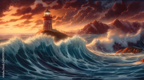 Lighthouse on rocks during hurricane storm, turbulent ocean surf, high waves crashing, dramatic clouds, stormy seas, sunset seascape - generative AI