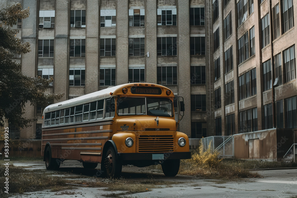 School building with a bus parked in front of it Stock Illustration ...