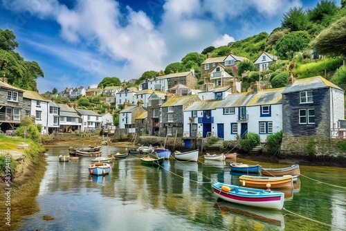 Fishing Village, Polperro, Cornwall, England, Colorful Cottages, Wooden Boats, Vibrant Sky, Generative AI photo
