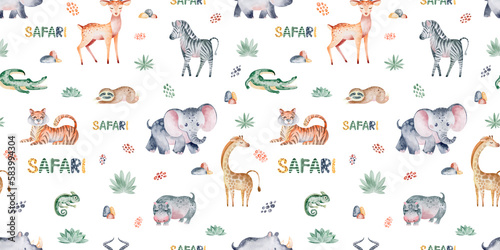 Safari animals seamless pattern with tropical leaves. Watercolor seamless pattern. Packaging design  poster  fabrics  digital paper  sublimation.