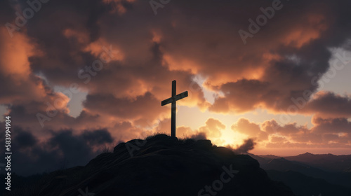 Cross on the mountain representing the religion Generative AI