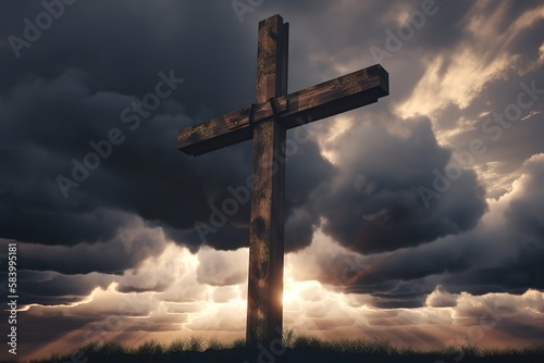 Wooden cross stand against a dramatic evening sky with radiant beams penetrating clouds. Generative AI