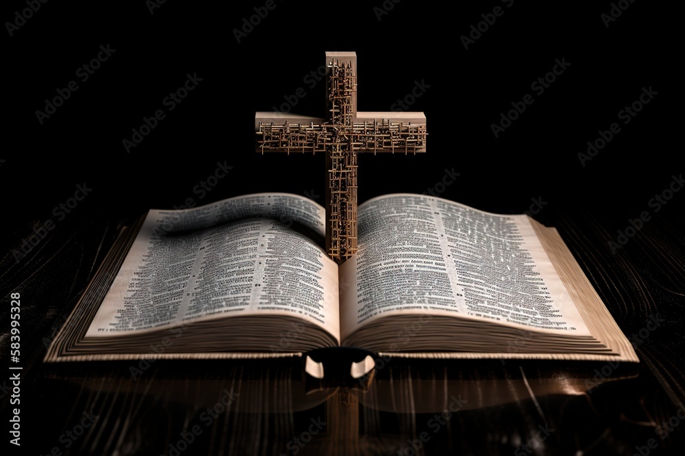 Wooden holy cross crucifix of Jesus Christ on an open bible book page in black white background Christianity and believe in God concept. Generative AI Wooden holy cross crucifix of Jesus Christ on an open bible book page in black white background Christianity and believe in God concept. Generative AI