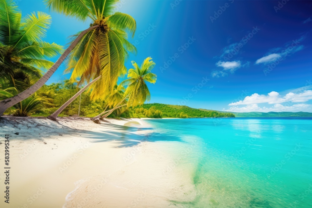 A deserted tropical beach. The clear turquoise waters gently lap against the pristine white sand, surrounded by towering palm tree. Generative AI