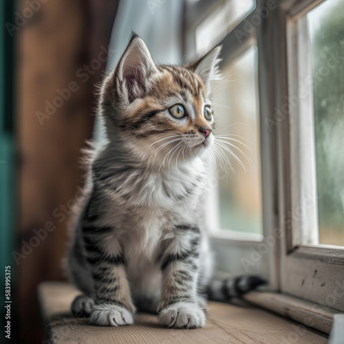 Domestic kitten looking out the window