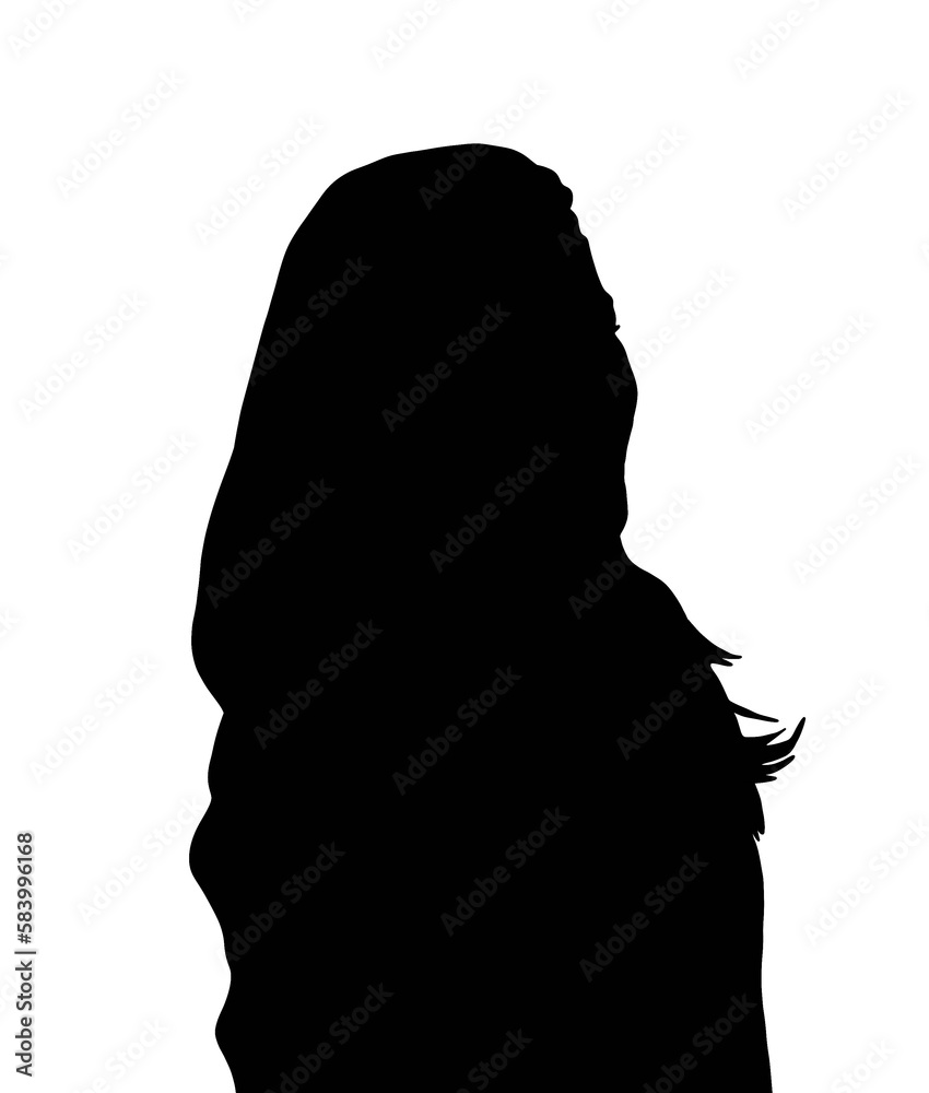 The silhouette of a long -haired woman's shadow with a white background