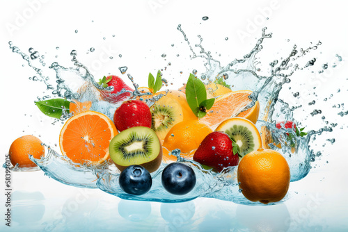 Healthy food diet freshness concept. Fresh multi fruits and vegetables splashing blue clear water. Isolated white background AI generated illustration.