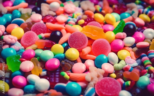 Colorful jelly beans and candies. Generative AI technology.