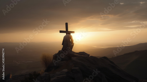 Jesus on the cross representing religion Generative AI © PolacoStudios