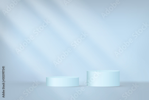 Blue Studio Background With Podium Stage And Sunlight. Vector Illustration