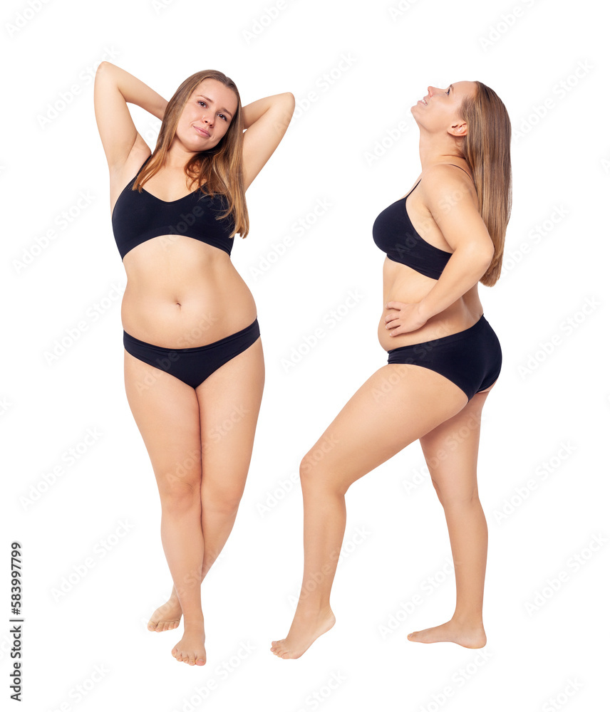 Naklejka premium Collage of smiling woman with overweight natural body posing.