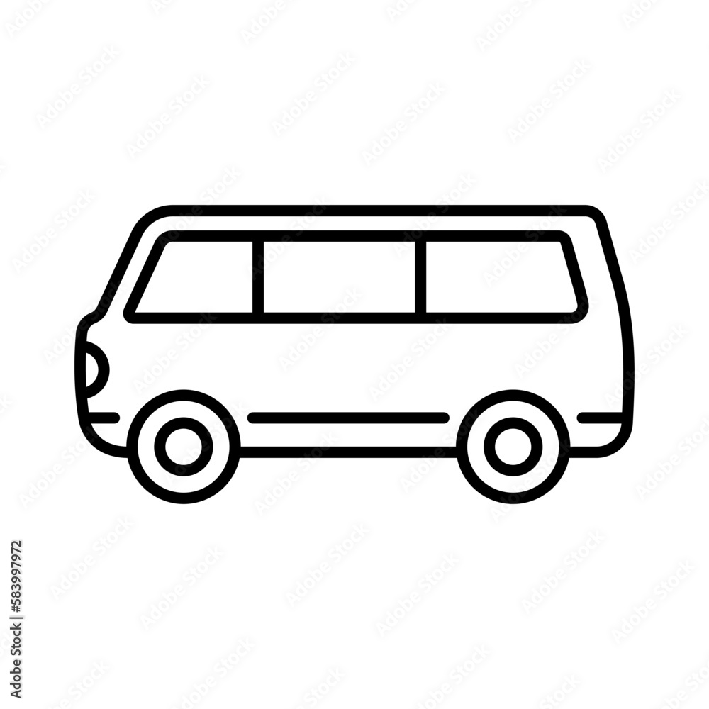 Minibus icon. Minivan. Black contour linear silhouette. Side view. Editable strokes. Vector simple flat graphic illustration. Isolated object on a white background. Isolate.