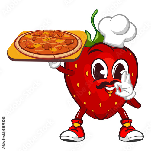 vector illustration of the mascot character of a strawberry serving delicious pizza