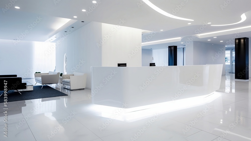 Modern office building lobby, with sleek white walls, a reception desk, and modern furniture AI Generative Modern office building lobby, with sleek white walls, a reception desk, and modern furniture AI Generative