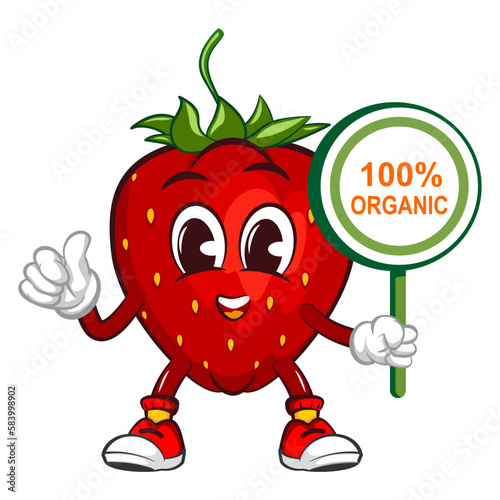 vector illustration of the mascot character of a strawberry holding a sign saying 100% organic
