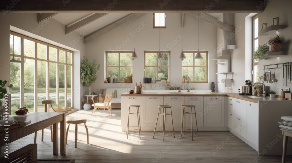 Open plan kitchen interior design. Scandinavian style. Generative AI Open plan kitchen interior design. Scandinavian style. Generative AI