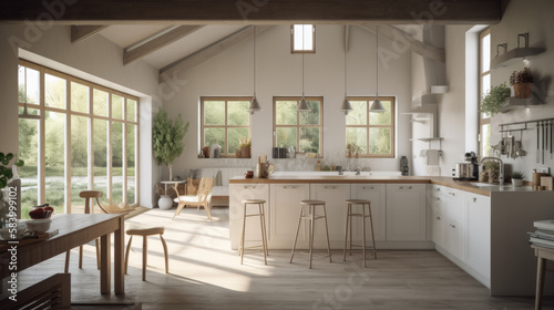Open plan kitchen interior design. Scandinavian style. Generative AI