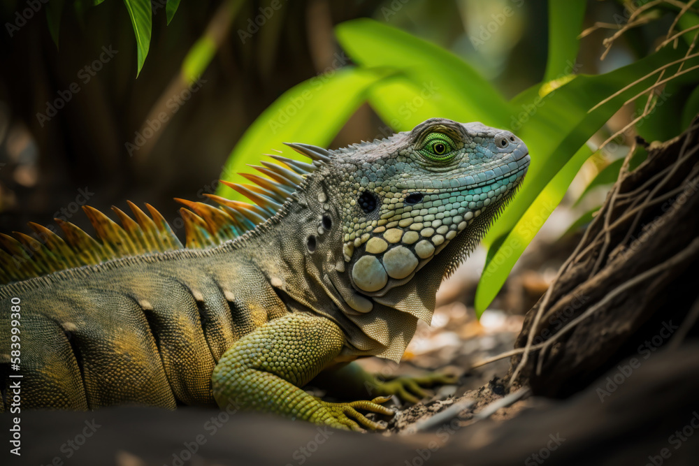 Fototapeta premium Iguana walking in dense forest, Generative AI