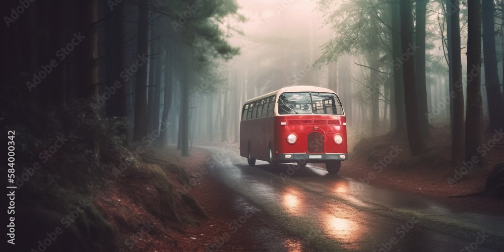  Illustration of the vintage bus on the forest road, with a misty environment, and an AI-generated image.