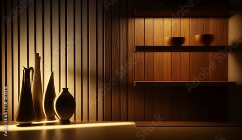 Close up view of wooden wall background  interior design  cinematic lighting and shadow  vase  home  room