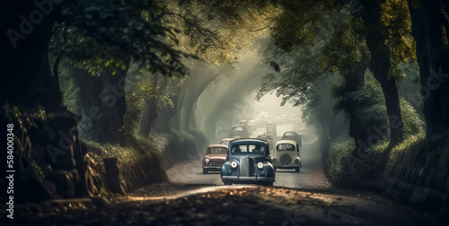 Illustration of vintage car convoy, in the tunnel of trees with a misty environment, AI-generated image.