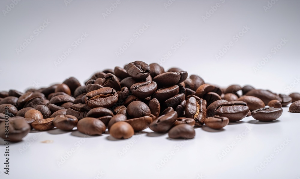  a pile of roasted coffee beans on a white surface with a white background.  generative ai