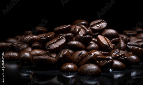  a pile of roasted coffee beans on a black surface with reflections.  generative ai