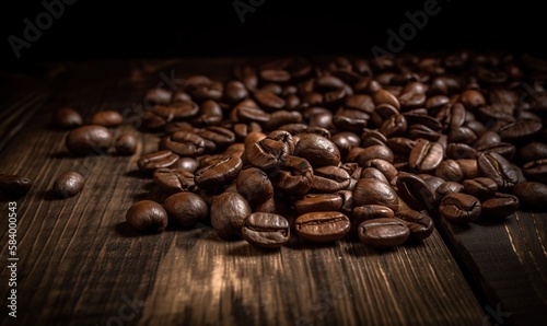  a pile of roasted coffee beans on a wooden table with dark background.  generative ai