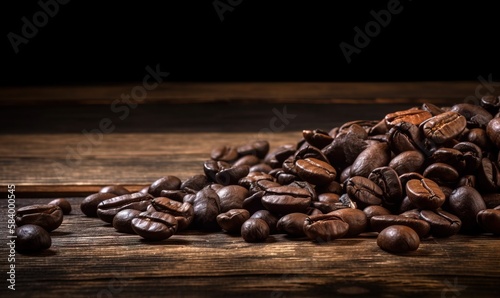  a pile of roasted coffee beans on a wooden table top.  generative ai