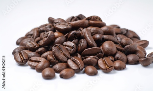  a pile of roasted coffee beans on a white surface with a white background. generative ai