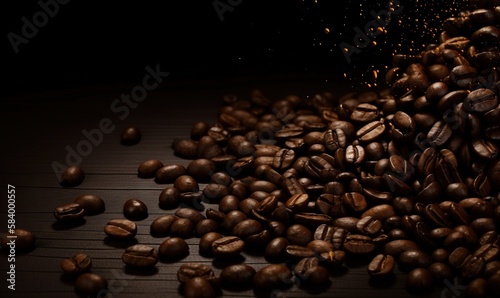  a pile of roasted coffee beans on a wooden table with a black background. generative ai