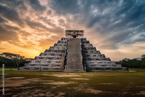 El Castillo  Chichen Itza  Tropical Sunset  Vibrant Colors  Mayan Wonder  Generative AI