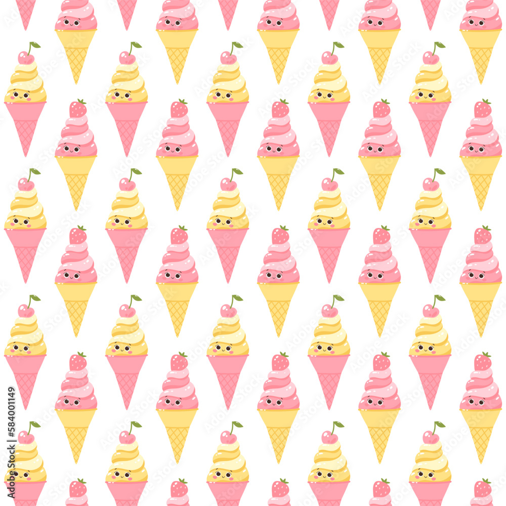 Vector seamless pattern with fruit ice creams on a white background. Cold dessert. Summer sweetness.