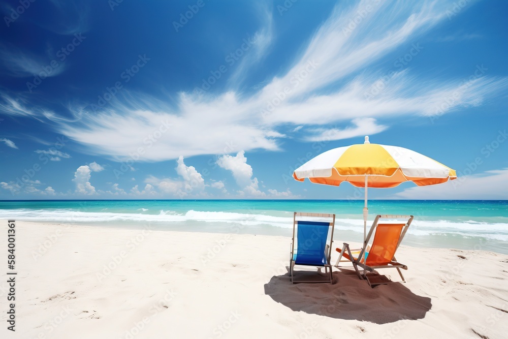 a couple of chairs sitting under an umbrella on a beach. generative ai a couple of chairs sitting under an umbrella on a beach. generative ai
