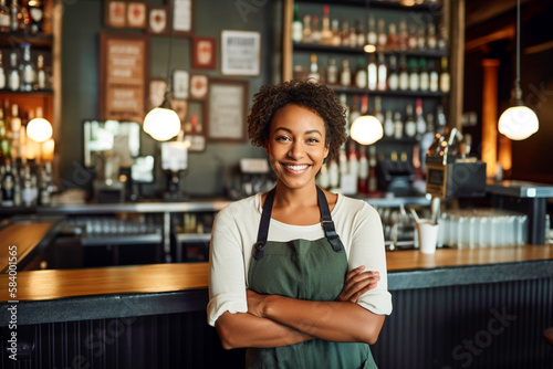 Waitress in front of the top bar looking at camera in her restaurant.