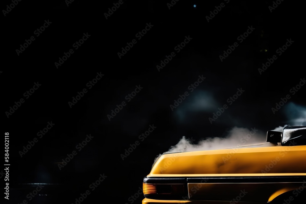  a yellow car with smoke coming out of it's hood.  generative ai