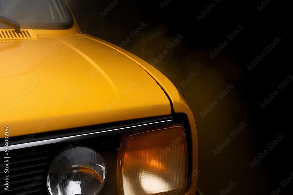  a close up of a yellow car with smoke coming out of it.  generative ai