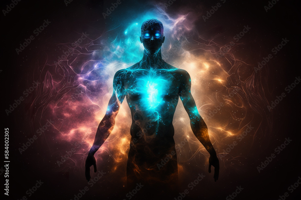 Astral body silhouette with abstract space background. Esoteric, spiritual life and meditation concept, connection with other worlds.  Generative ai