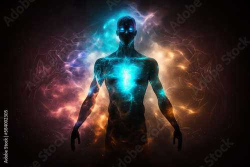 Astral body silhouette with abstract space background. Esoteric, spiritual life and meditation concept, connection with other worlds.  Generative ai © innluga