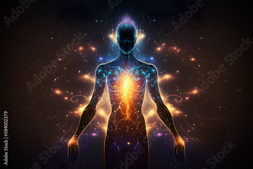 Astral body silhouette with abstract space background. Esoteric, spiritual life and meditation concept, connection with other worlds. Generative ai