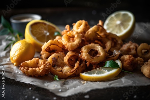 fried calamari with lemon. Generative AI photo