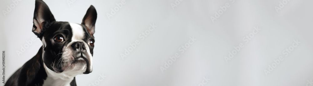 Boston Terrier Dog On White Background. Banner, panorama or website header format.. Generative AI