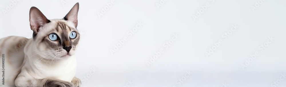 Bengal Siamese Cat On White Background. Banner, panorama or website header format.. Generative AI